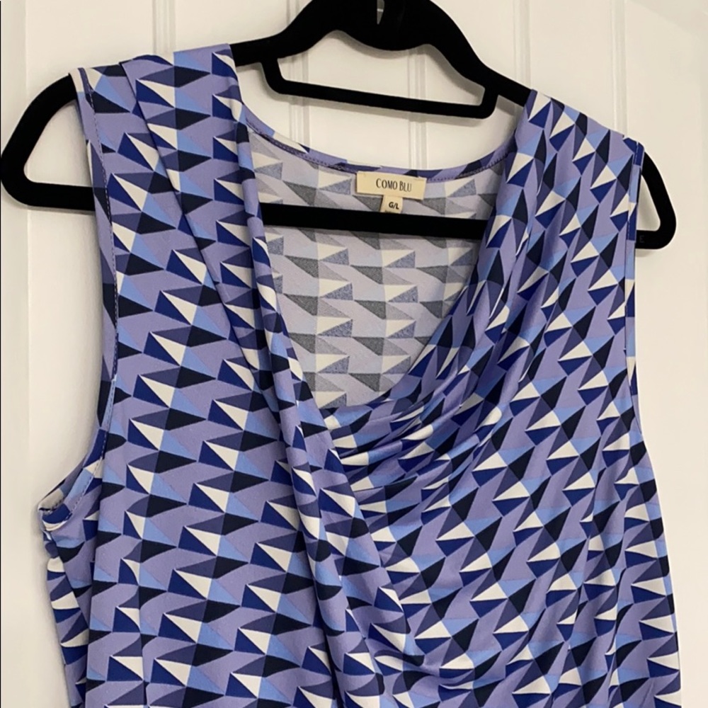 Blue & White Patterned Offset V-Neck Blouse, L